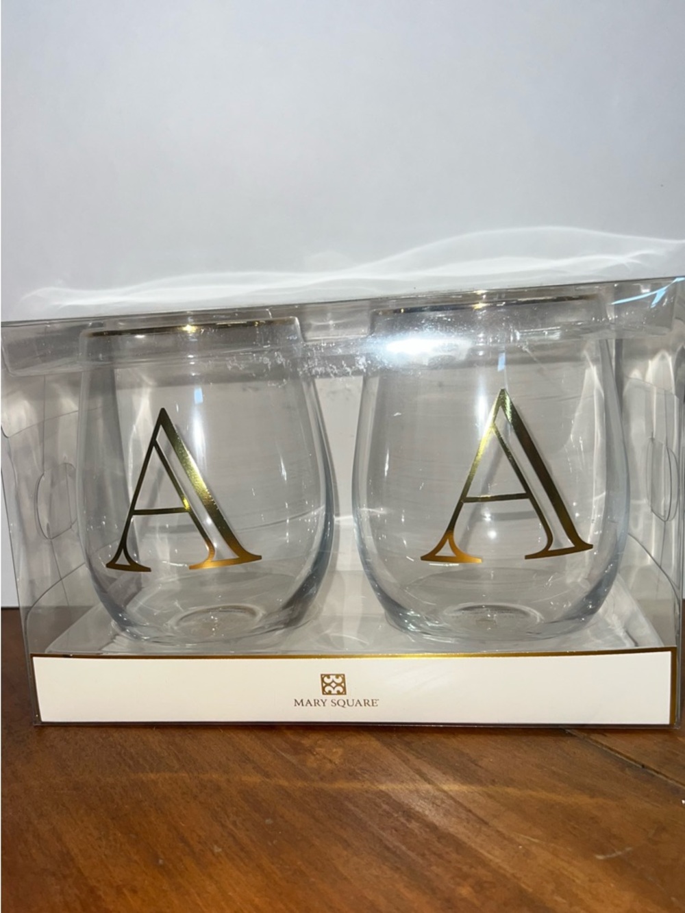 Mary Square Gold Monogram “A” Stemless Wine Glasses - Set of 2